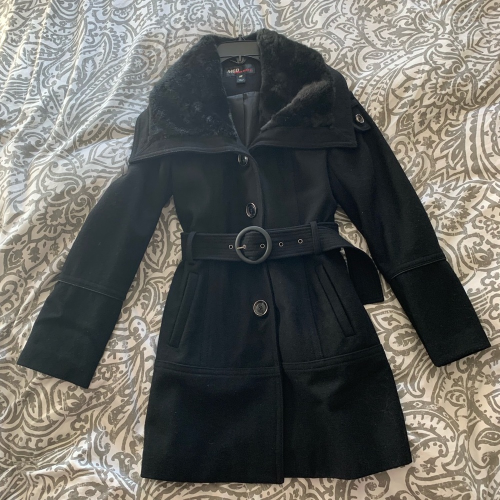Black faux fur collar belted pea coat Women’s - M